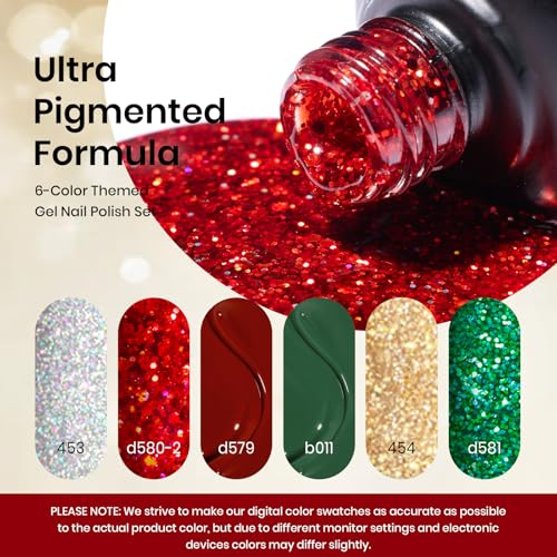 Image of Beetles Gel Nail Polish Set - Summer Holly Berries 6 Colors Gel Nail Kit with Sparkle Glitter Red Green Gold Silver Shades Holiday Nail Art Gift for Women Soak Off UV LED Nail Gel