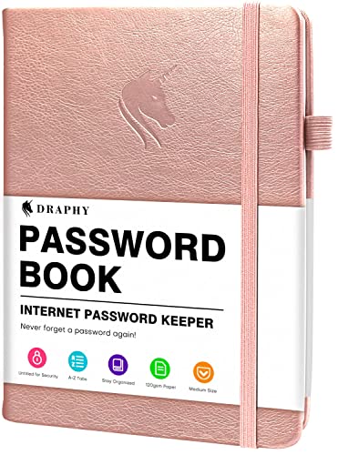 DRAPHY-Password-Book-with-Alphabetical-Tabs-Medium-Size-Internet-Password-Keeper-for-Logins-and-Web-Addresses-Leatherette-Hardcover-Password-Log-Notebook-Organizer-for-Home-and-Office-Rose-Gold