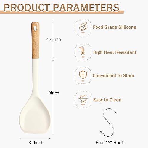 Miniatura 9 de Cucharas de cocina grandes de silicona, cucharas de cocina antiadherentes con mango de madera maciza, cuchara de goma de silicona resistente al