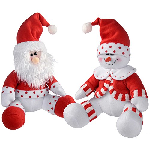 WeRChristmas – Sentado Santa y muñeco de Nieve Navidad decoración, 28 cm, Color Rojo/Blanco, Juego de 2