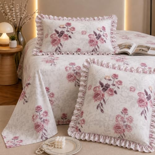 Image of 350 TC Premium Heavy Cotton Feel Elastic Fitted Bedsheet King Size with 2 Frill Pillow Covers King Size || Double Bed with All Around Elastic (Frill Pillow Covers, Fitted - 72 inchx78 inch King)