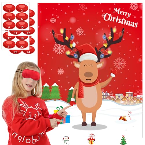 AINECON Pin Deer Game 24 Player Holiday Party Games for Family, Pin The Nose on The Reindeer,...