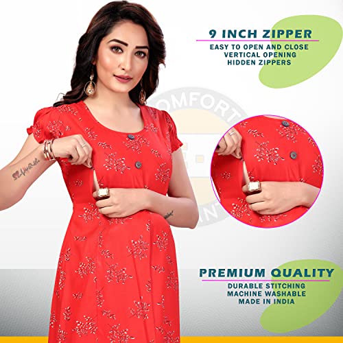 Image of CEE 18 Women's Cotton Straight Maternity Feeding Kurti for Feeding with Zippers (XL, Tangy Tomato)