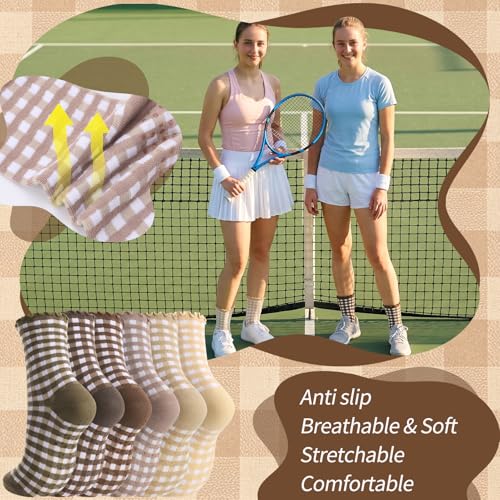 Image of 6 Pairs Women Ruffle Striped Frilly Socks, Cute Checkered Ankle Sock for Women Cotton Knit Casual Crew Socks