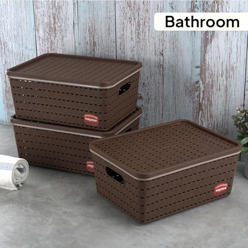 Image of Nayasa Gloria Basket for Storage | Vegetable & Fruit Basket | Storage Box and Organiser Plastic Basket With Lid | Multipurpose Kitchen Organizer Rack | Medium - Set of 3 | DarkBrown