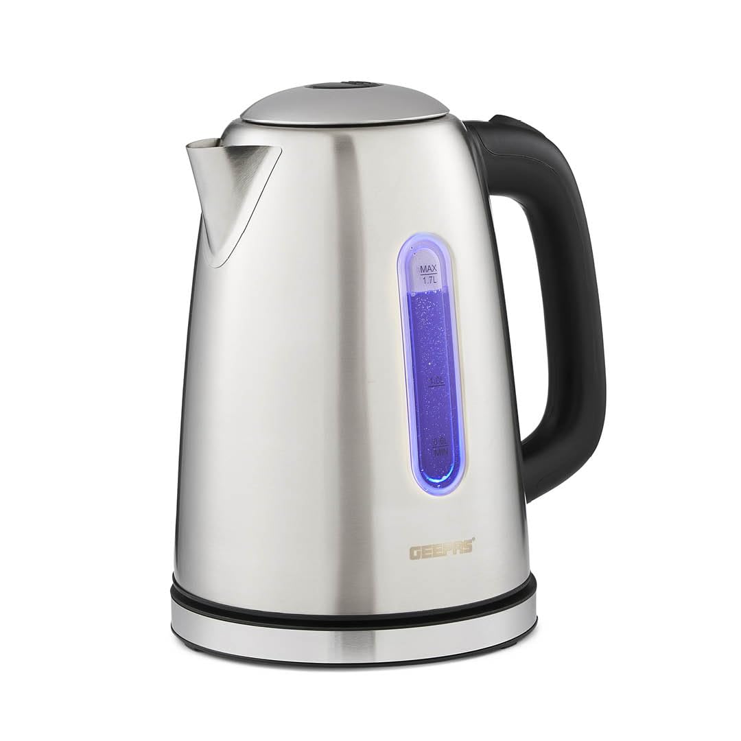 Geepas 1.7L Electric Kettle - 2200W Cordless Kettle - Blue Illumination - Stainless Steel - Silver