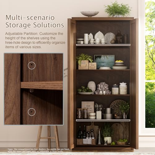 Image of Yechen 67 inch Tall Kitchen Pantry Cabinet,Rattan Storage Cabinet with Solid Wood Integrated Handle​and Adjustable Shelves, Cupboard with Doors for Livingroom, Dining Room, Dark Walnut (2 Piece)