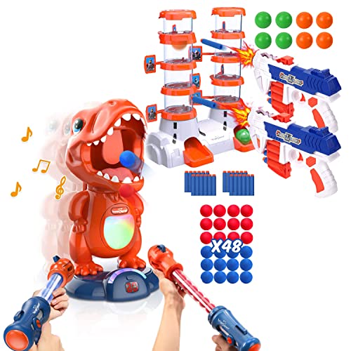 Movable Dinosaur Shooting Toys Set: 1 dinosaur Target Shooting with 2 Air Pump Gun, Party Toys Double Barrel Target for Nerf Set: 1 Double Barrel Target with 2 Shooting Blaster Guns, 24 Foam Darts