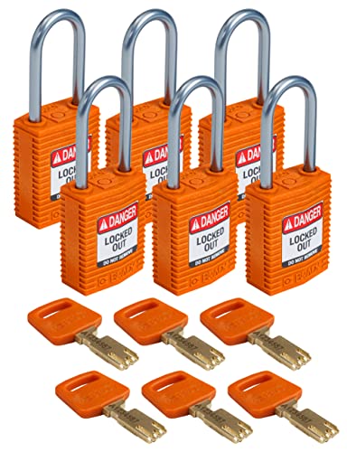 Image of Brady CPT-ORG-38AL-KD6PK SafeKey Padlock, Orange, 3.0 in H x 1.25 in W x 0.75 in D