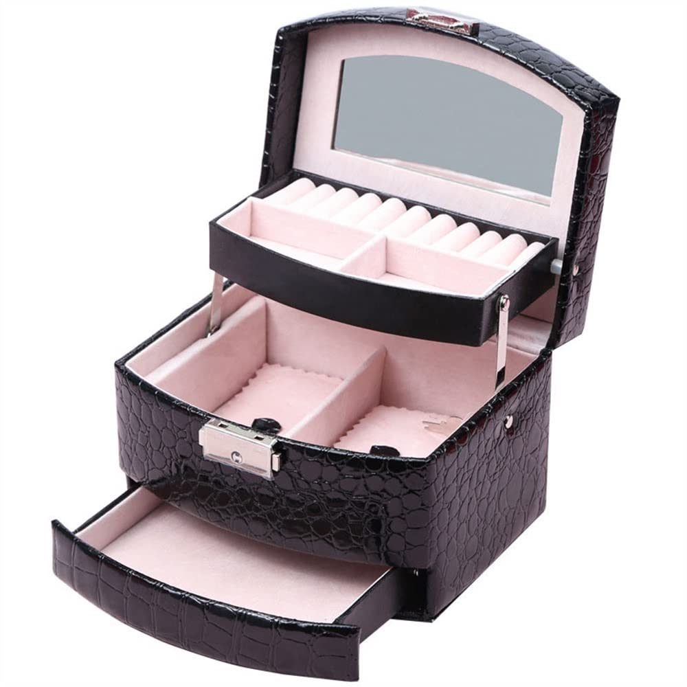 TIANQIHAO Portable Jewelry Box, Jewelry Box For Women Girls, 3 Layer Jewelry Organizer Box, Travel Jewelry Case, Pu Leather Jewelry Box Organizer,Black