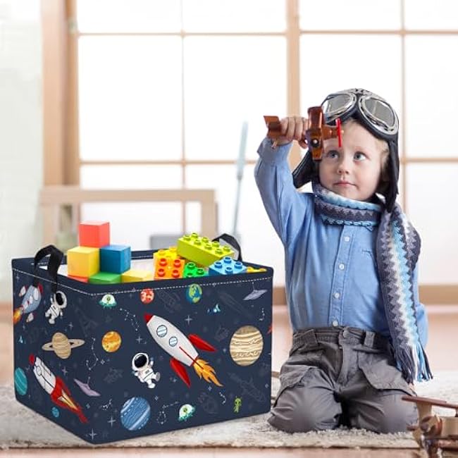 Clastyle Rocket Astronaut Shelf Basket for Boys Cosmic Planet Universe Blue Storage Bin Rectangle Clothes Books Toy Storage Cube, 36L