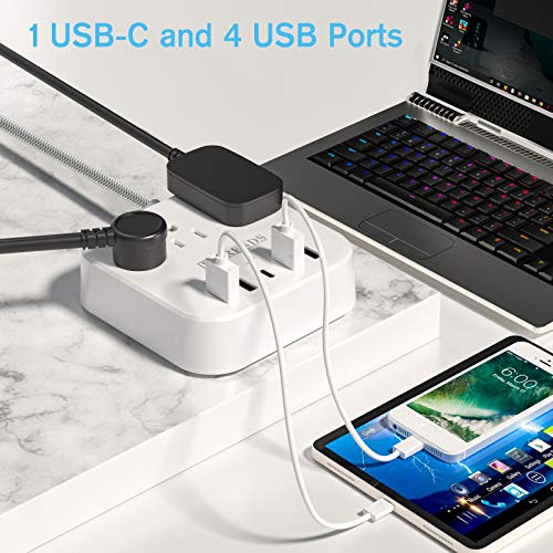 Protector contra sobretensiones MKSENSE con extensión de 3 tomas y 4 USB-A y 1 USB-C, cable de 3.05 m, enchufe plano girado 45° miniatura 2