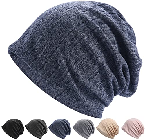 ニット帽 春 夏 秋 帽子【コットン100%•2層構造•究極の肌触り】 薄手 コットン帽 ケア帽子 無地 ニットワッチ ビーニー ニットキャップ ストレッチ性 通気性 柔らかい 防風 無地 男女兼用 (#10.ネイビー (ストライプタイプ))