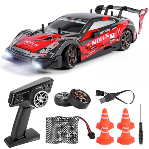 Image of Royal Cellar RC Drift Car 1:24 Scale 4WD | 20KM /H High-Speed Remote Control Car with LED Lights | 2.4GHz Rechargeable Drift Racing Car with Extra Tires & Cones | Gift Boys & Girls (GTR)