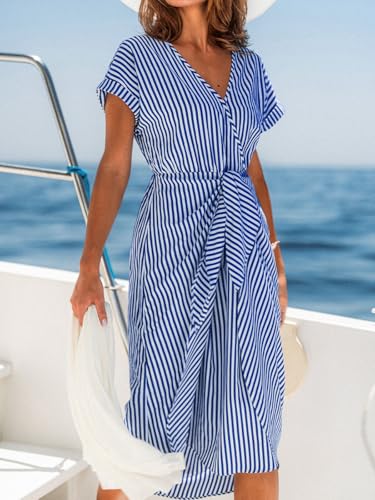 Image of CUPSHE Women's V Neck Wrap Dress Twisted Slit Pleated Waist Tie Short Sleeve Summer Midi Dresses