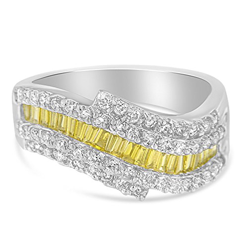 Original Classics 14K White Gold Treated Yellow Baguette and Round Diamond Wave Ring Band (1 Cttw, Yellow Color, I2-I3 Clarity) - Size 7-1/4