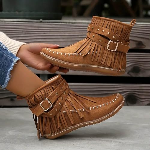 Fringe Boots for Women Western Cowgirl Ankle Boots Suede Round Toe Flats Pull On Short Boots with Tassels Retro Winter Low Heel Ankle Booties4