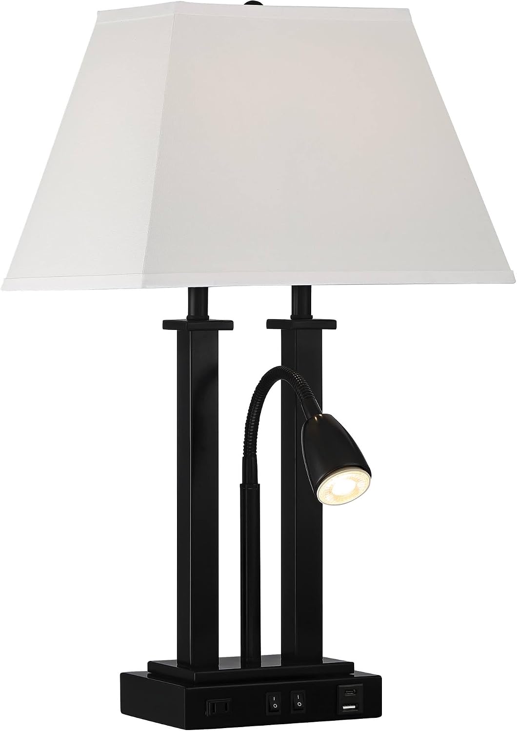 Possini Euro Design Deacon 26" High Modern Gooseneck Desk Lamp with USB Charging Ports A+C and AC Outlet LED Black Metal Oatmeal Linen Fabric Shade for Living Room Bedroom House Bedside Nightstand
