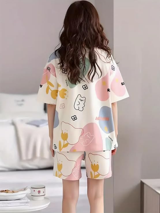 Image of Lunza Women's Cotton Blend Pajama Set, Short Sleeve T-Shirt and Shorts, Cute Bear Print Nightwear