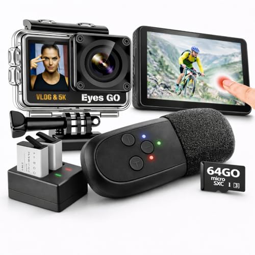 Eyes GO 5K26 - Caméra Sport 5K30fps 4K60FPS 120FPS - 31 Accessoires - Photo 50MP - 2 Ecrans Tactile Vlog - Télécommande Micro 360° - Stabilisateur E.I.S 2.0 Étanche...