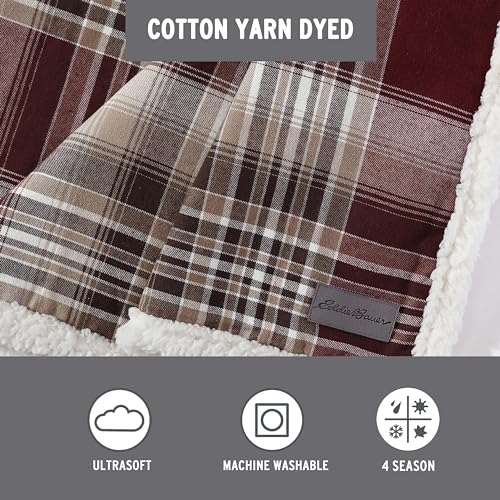 Image of Eddie Bauer - Throw Blanket, Cotton Flannel Home Decor, All Season Reversible Sherpa Bedding (Twin Lakes Red, Throw)