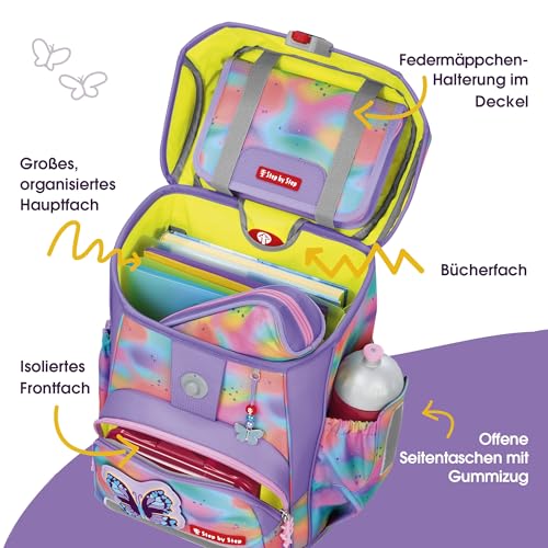 Step by Step set školske torbe Cloud Flash "Butterfly Luna" 5 komada, roza, leptir, ergonomski ruksak s reflektorima, podesiv po visini s remenom za djevojčice od 1. razreda, 19L