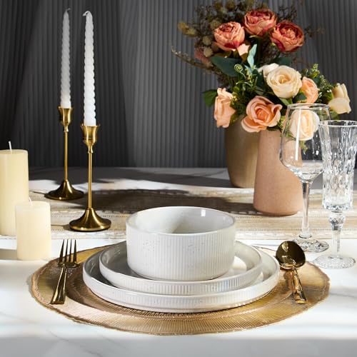 Image of E-far 24-Piece Stoneware Dinnerware Sets, Plates and Bowls Sets for 8, Kitchen Modern Dinning Porcelain Dishes Set, Chip & Scratch Resistant, Dishwasher & Microwave Safe, Speckled White