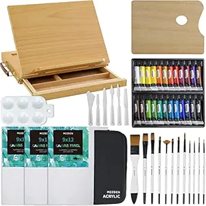 MEEDEN 48 Pcs Acrylic Painting Set - Solid Beech Wood Sketchbox Easel, 12 - 12ML Acrylic Paint Set, Canvas Panels, Acrylic Paintbrush Set, Paint Palettes, Perfect Gift for Artists, Beginner & Adults