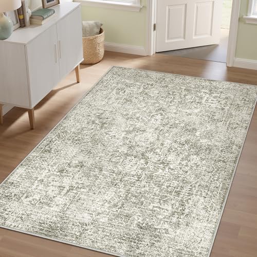 4x6 Area Rug Washable Vintage Neutral Entryway Living Room Carpet Indoor Office Non Slip Taupe Entrance Distressed Low Pile Retro Accent Throw Rug for Dining Room Bathroom Bedroom Laundry