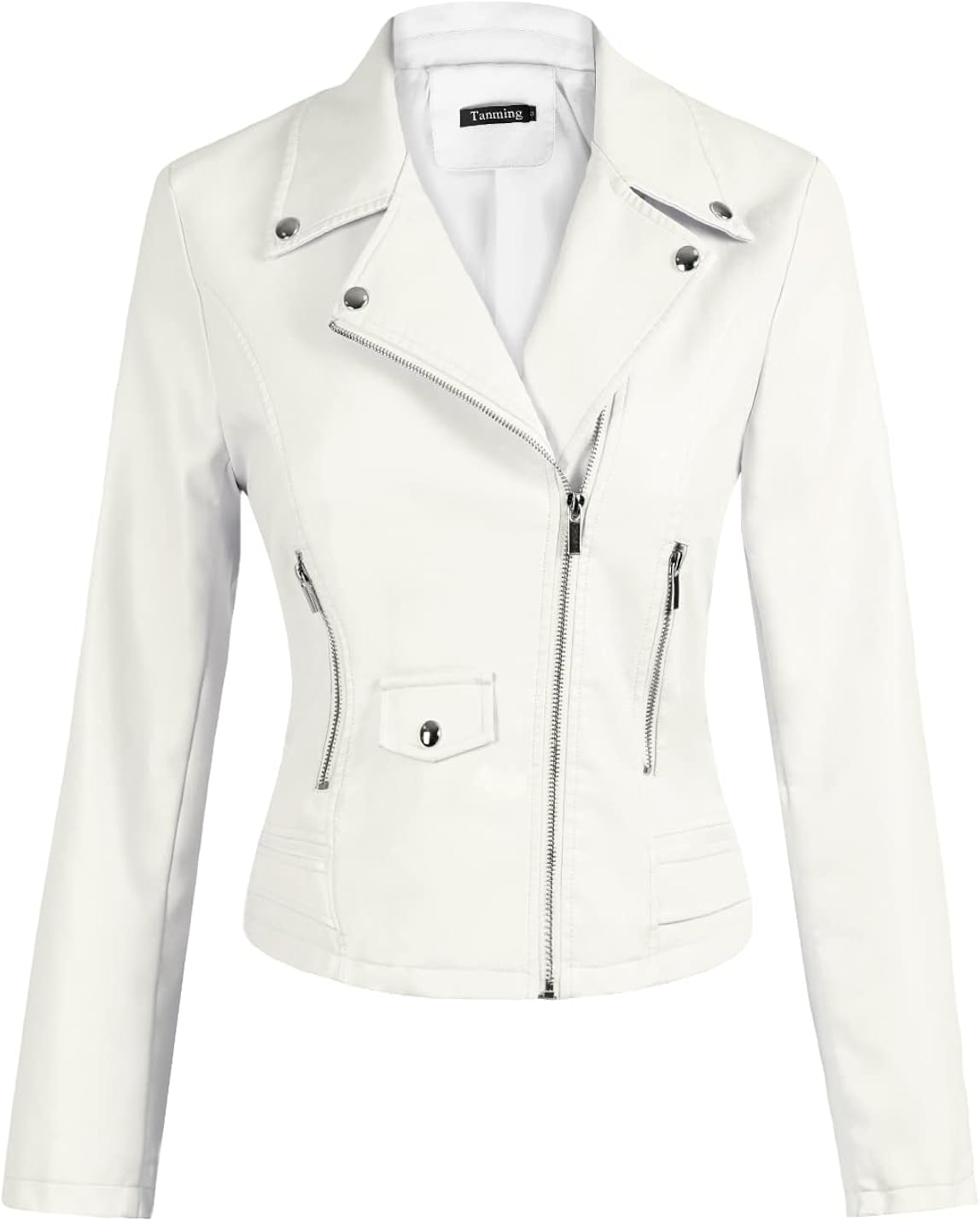 Tanming Women's Faux Leather Moto Biker Short Coat Jacket A Beige X-Small