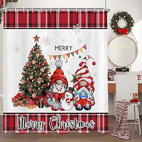 Christmas Gnome Shower Curtain, Funny Xmas Gnome Balls Pine Tree Winter Shower Curtain Farmhouse Holiday Decor Black And White Red Buffalo Check Plaid Cloth Curtains Bathroom Accessories Decor,70X70IN Cover