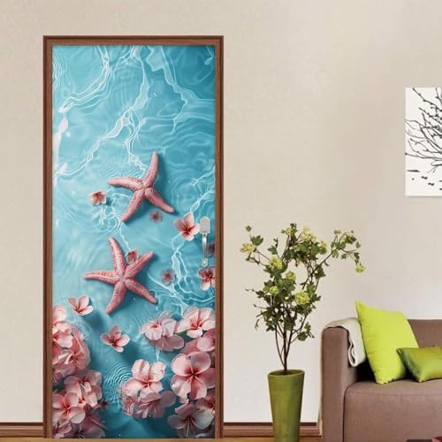 Pegatinas para Puerta Flores de Cerezo Japonesas Pegatinas Puertas Estrella de Mar Autoadhesivas Pared Murales Calcomanías de Vinilo Extraíbles para Decoración del Hogar 95x215 cm A/N1760