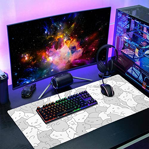 Image of Kawaii Cats White Gaming Mouse Pad XXL Cute Kittens Japanese Extended Big Large Desk Mat Non-Slip Rubber Base Stitched Edge Long Keyboard Mousepad for PC Computer Laptop, 35.4x15.7 Inches