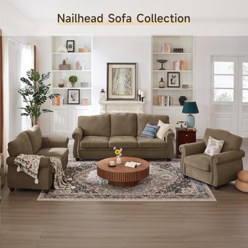 Image of ONBRILL Nailhead Sofa, 66 Inch Small Couch with Rolled Arms, Chenille Fabric Loveseat w /Springs Seat Cushion, Vintage Curved Back, Turned Wood Legs, Comfy Couch for Living Room, Farmhouse, Brown