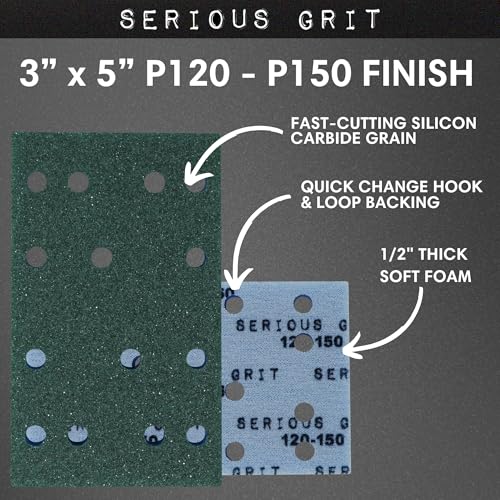Image of Serious Grit - 3x5 1 /2 inch Foam Sanding Pads - 120-150 Grit Finish - 10 Pack | Fits Festool RTS 400 & Mirka DEOS - 80x133mm Foam Sandpaper for Profile Sanding, Cabinetry, Paint, & Moulding - Made in USA