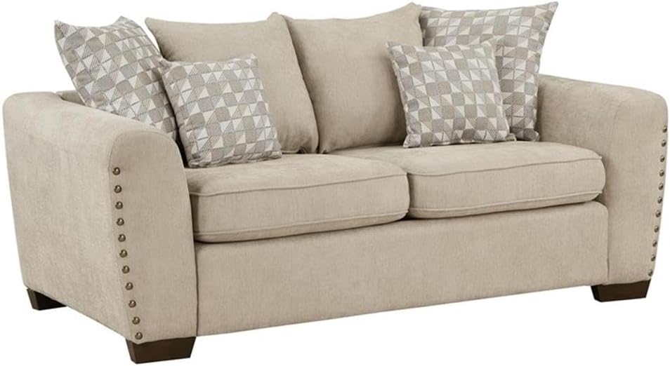 Pemberly Row Contemporary 2-Piece Sofa Set, Chenille Upholstery, Light Brown Finish, Solid Wood Legs, Nailhead Trim, Includes Sofa and Loveseat with Toss Pillows, Transitional Living Room Furniture