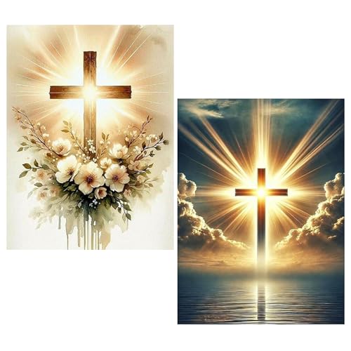 KUFWKEY 2 Pack Religious Cross Diamond Art Kits for Adults Jesus Christ Cross 5D Diamond Painting Kit for Beginners DIY Full Round Diamond Art Painting Gem Art and Craft Kits Wall Decor 12x 16 Inch
