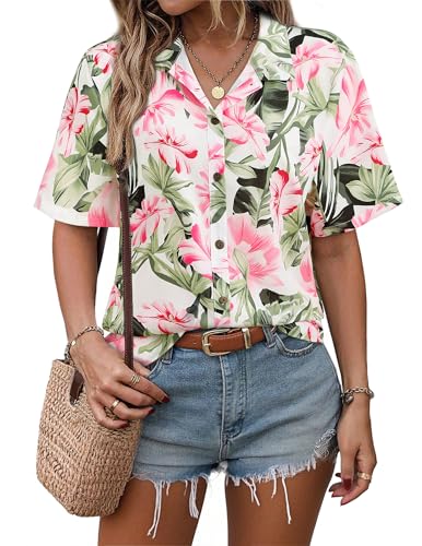 ChainJoy Women's Hawaiian Shirts Short Sleeve Button Down Soft Cool Floral Tropic Print Casual Blouse Tops