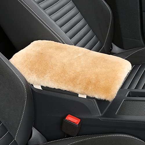 Image of IRIWOOL Sheepskin Armrest Cover Auto Center Armrest Cover Car Soft Console Pad, Fluffy Wool Auto Center Console Cover for Most Car Arm Rest Decoration Protector 7 x 13 Inch (Shearling, Khaki)