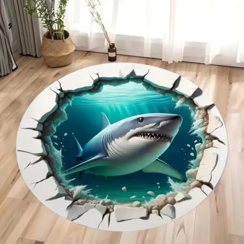 JIEDEDIAM Alfombra Redonda con Estampado de tiburón oceánico en 3D, Alfombra para Sala de Estar, Dormitorio de niña, Alfombra de Arena para Silla, Alfombra de Piso para niños, Regalo