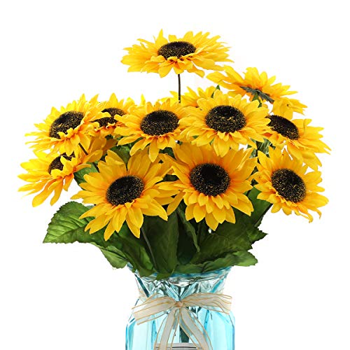 DerBlue 15.74” Artificial Sunflowers Bouquet with 14 Heads(Two Different Diameter of Flowers) and 40 Leaves Fake Silk Sunflowers Bouquet for Home Office Parties and Wedding Decoration