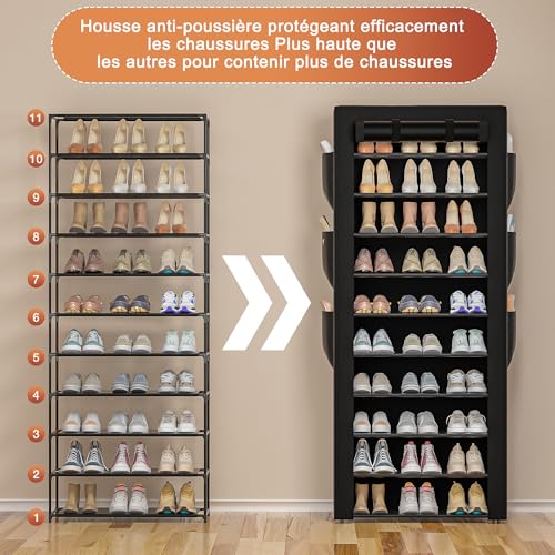OYREL Étagère à Chaussures 11 Niveaux, Grande Armoire à Chaussures Haute pour 36-41 Paires de Chaussures, Stockage Chaussure-Organisateur avec Couverture étanche à la poussière – Image 5