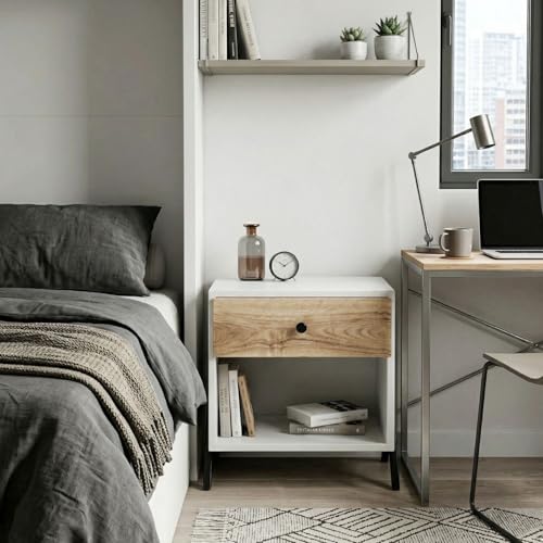 Image of FFO Modern Bedside Table with Drawer & Open Storage | Wooden Finish Nightstand | Side Table for Bedroom | Engineered Wood with Metal Legs | 60x40x54 cm | Oak & White
