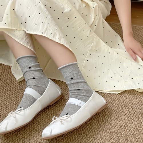 Image of zrylibya Women Cute Roll Top Turn Cuff Slouch Socks Hollow Out Crochet Solid Casual Crew Socks 4 Pairs