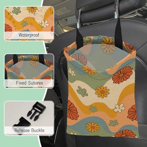 Image of Groovy Floral Waves Car Garbage Bag,Waterproof Small Car Trash Bag Hanging Back of Seat,Drawstring Hanging Car Trash Bag with Adjustable Buckle for Car Accessories