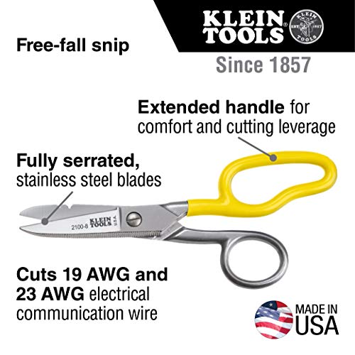 Klein Tools 2100-8 Scissors, Electrician Free Fall Snips, Stainless Steel Cut 19 and 23 AWG Electrical Communication Wire, Cable and Cordage