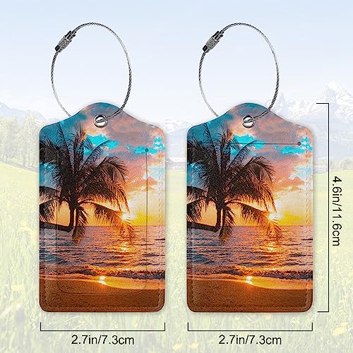 2 Pack Leather Luggage Tags for Travel - Premium Personalized Name Tags for Bags, Suitcases & Backpacks - Waterproof with Metal Loop & ID Window - Gift for Men Women (Summer Palm Tree)2