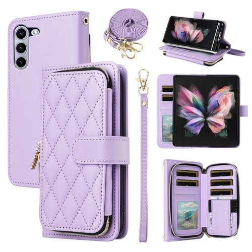 Furiet Wallet Case for Samsung Galaxy Z Fold 5 5G 2023 with Wrist Strap, Crossbody Shoulder Strap, 9+ Card Slots Zipper Purse, Luxury PU Leather Stand Cell Phone Cover for ZFold5 Z5 G Fold5 5Z Purple