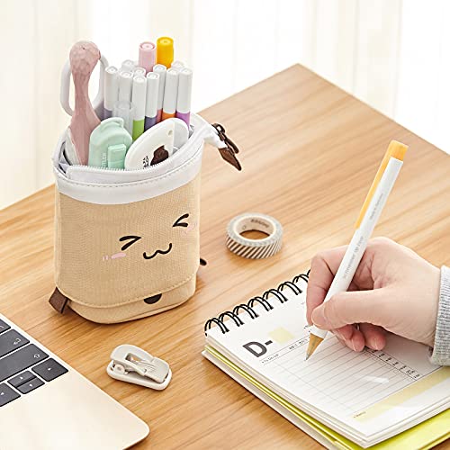 Angoobaby Cute Pencil Case Standing Pen Holder Telescopic Makeup Pouch Pop Up Cosmetics Bag With Kawaii Smile Face Stationery Case Office Organizer Box For Girls/Boys Students Women Adult (Brown) #TOP5