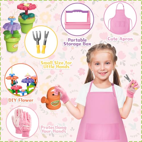 deAO Kids Gardening Set 14Pcs Gardening Tools Set with Storage Box& Apron - DIY Flower Garden Building Toys Set for Boys Girls Outdoor Learning Toys Educational Garden Gift for Toddlers(Pink)